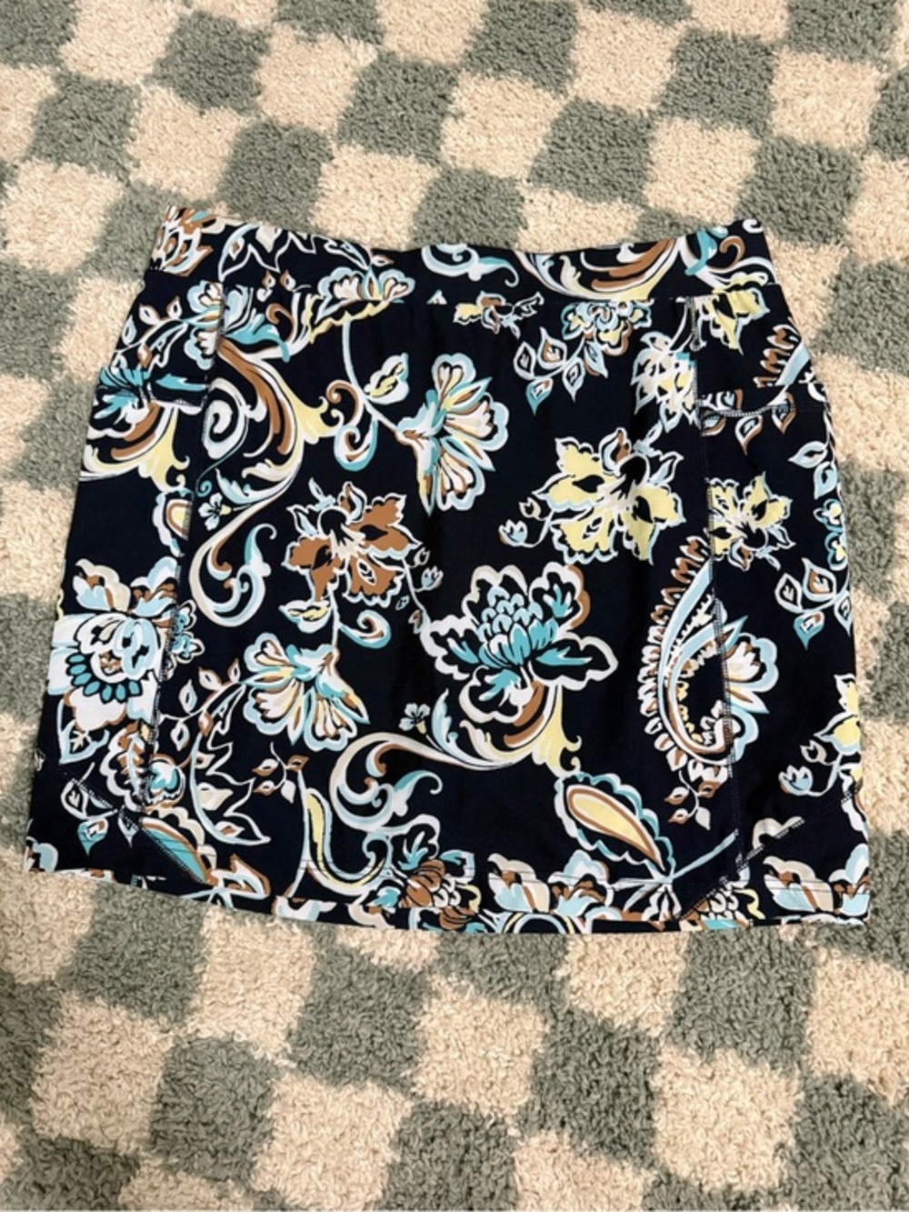 CHICOS navy blue floral pull on modest athletic skort mini skirt comfort summer